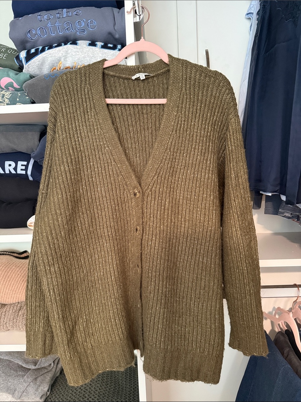 Z Supply Olive Green Ribbed V‑Neck Button Cardigan Sweater